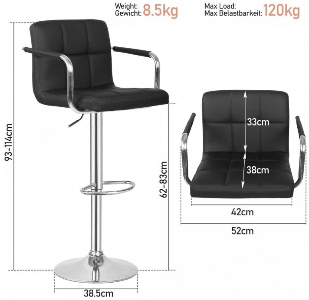 MIADOMODO® Barhocker - 2er Set, Höhenverstellbar, mit Rückenlehne, Armlehne, Fußstütze, Drehbar, 360 Grad, Stahl, Kunstleder, Gepolstert, Schwarz - Barstuhl, Tresenhocker, Küchenstühle, Küchenhocker Bild 1