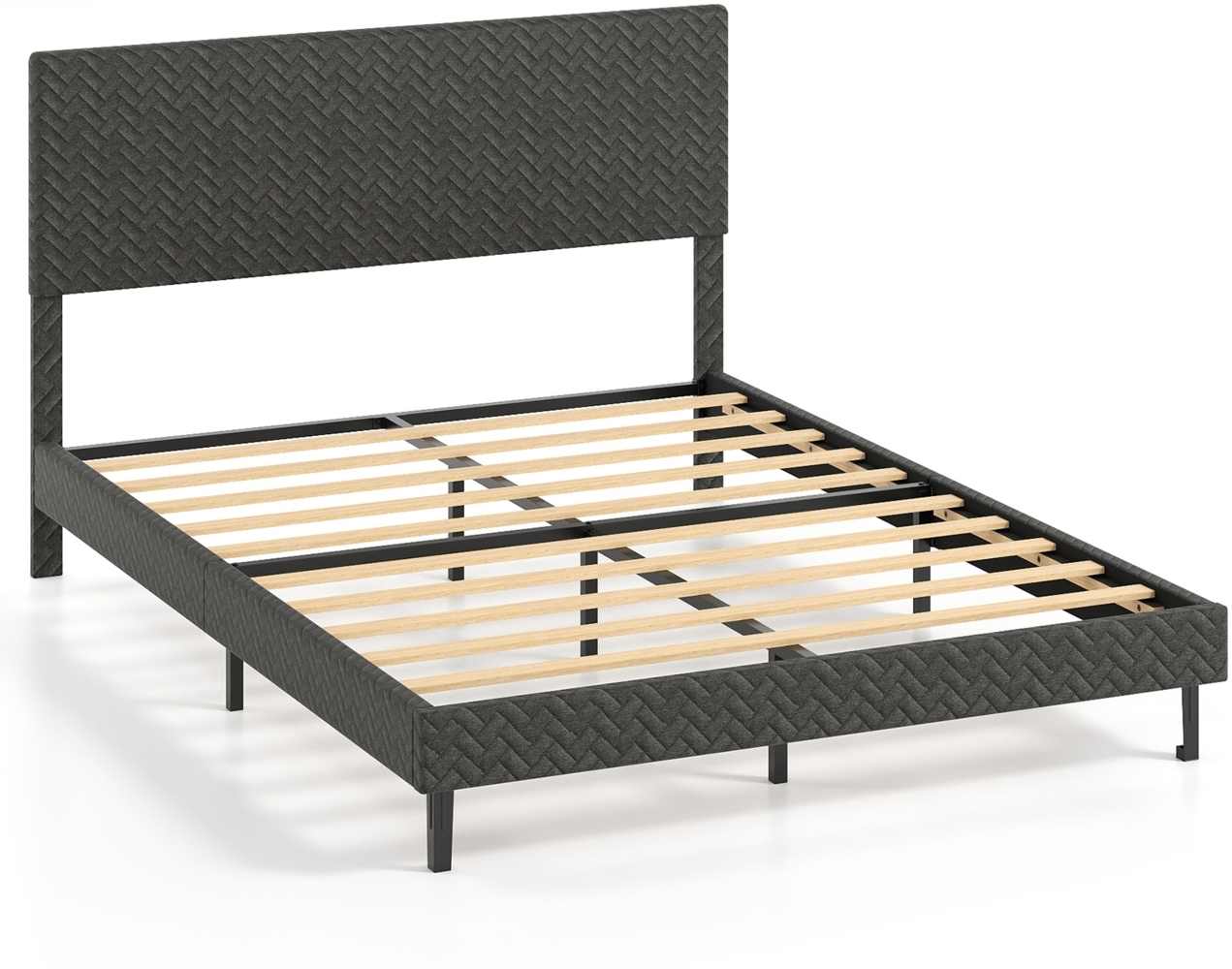 160 x 200 cm Samt-Bettgestell mit Höhenverstellbarem Chevron-Kopfteil Gepolsterte Bettrahmen Grau Bild 1