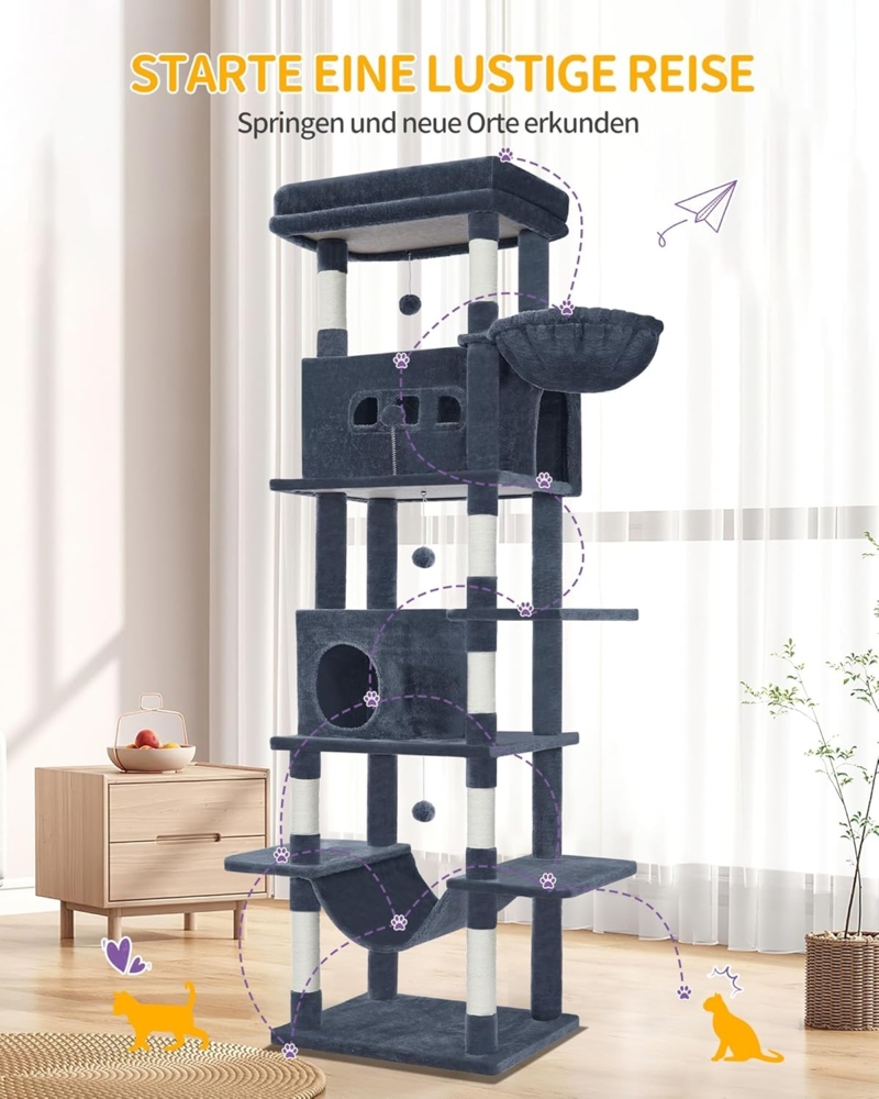 Kratzbaum groß, 210 cm hoch, Katzenbaum, mit 8 Kratzbäume, 2 Höhlen, groß Plattformen, Waschbare Matte, Hängematte, Plüschbälle, mehrstöckiger katzenkratzbaum, Dunkelgrau Bild 1