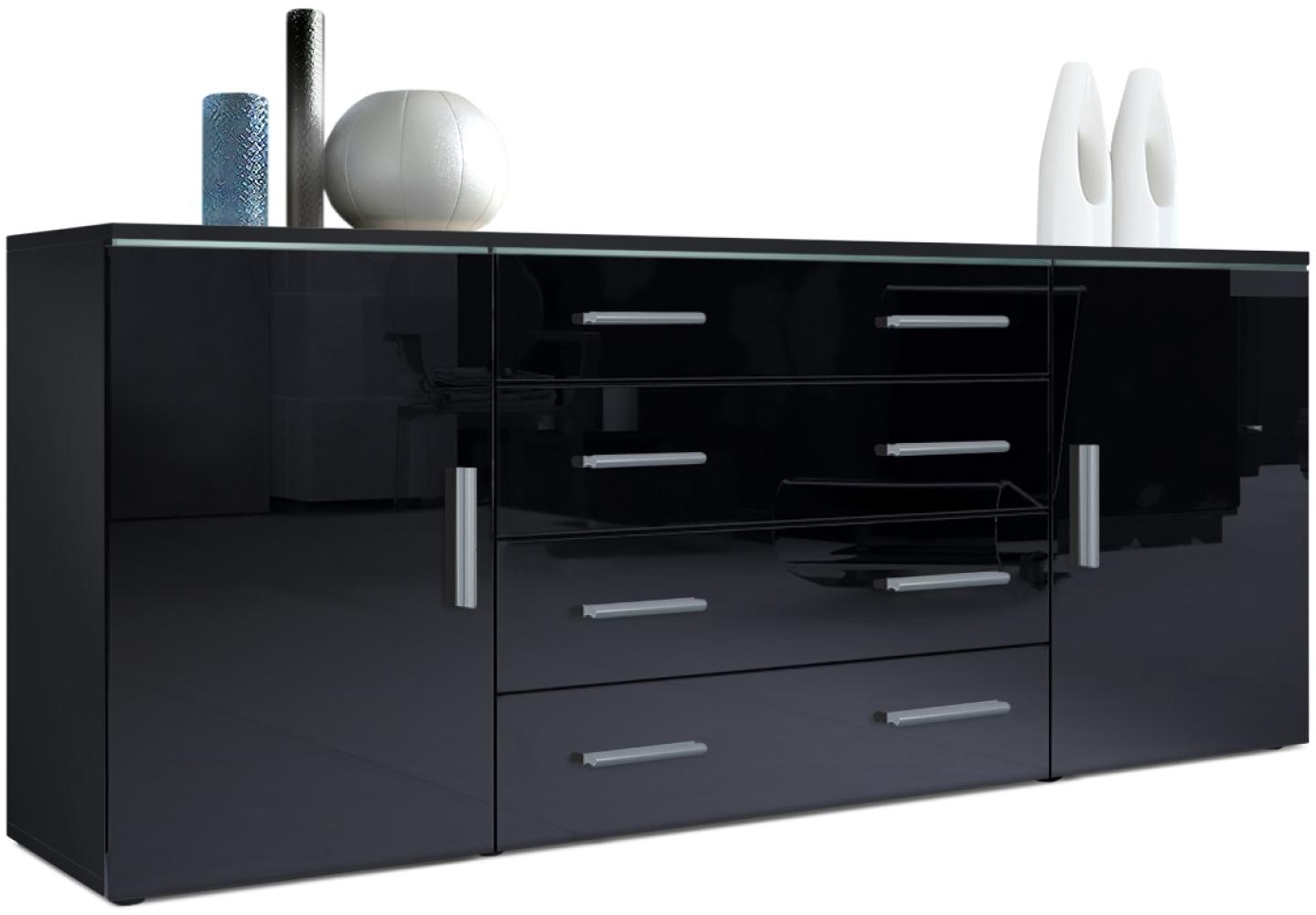 Vladon Sideboard Faro V2, Kommode mit 2 Türen und 4 Schubladen, Schwarz matt/Schwarz Hochglanz (166 x 72 x 35 cm) Bild 1