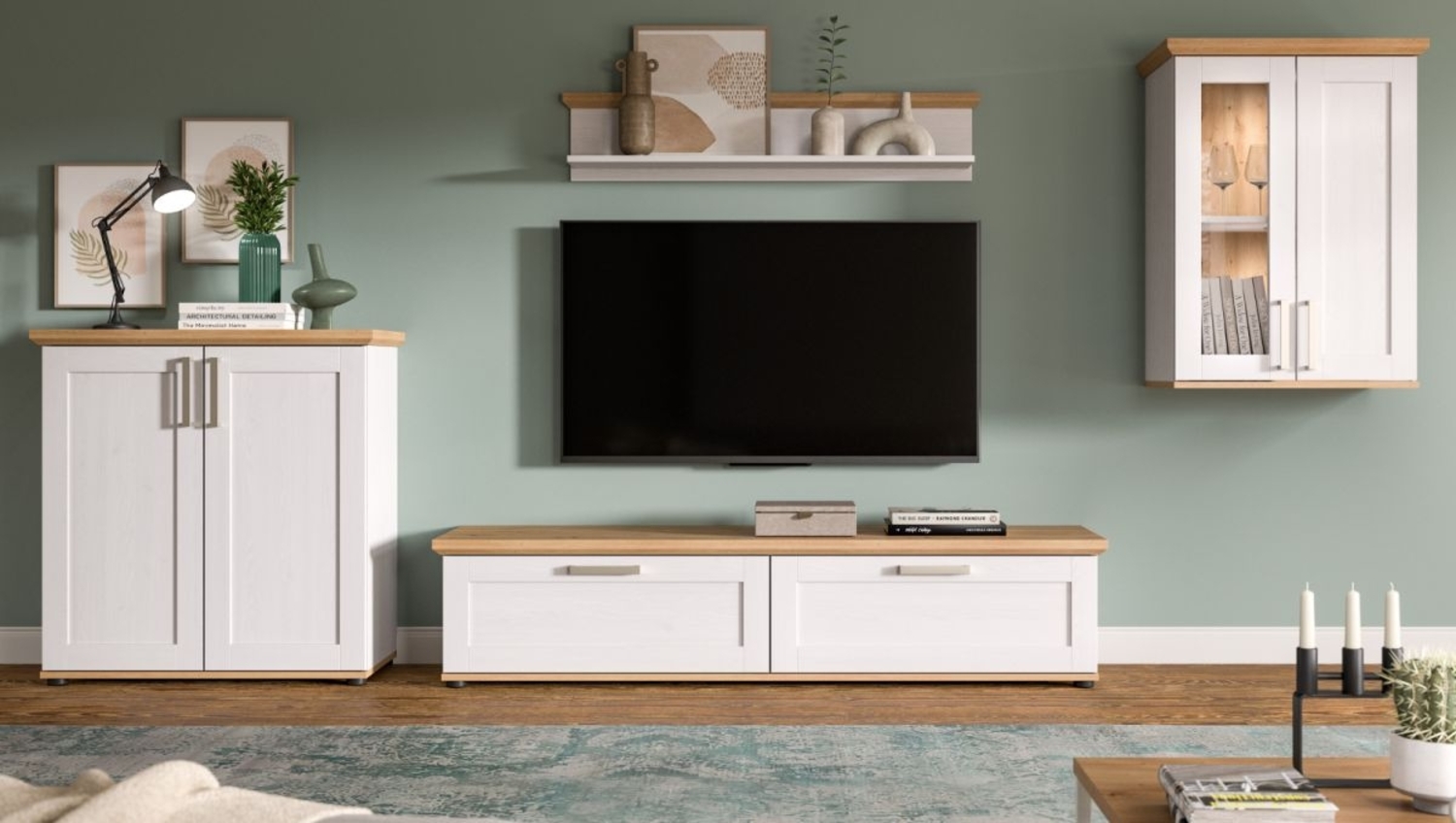 Wohnwand 4-teilig Mirano in weiß Lärche Landhaus 336 cm Bild 1