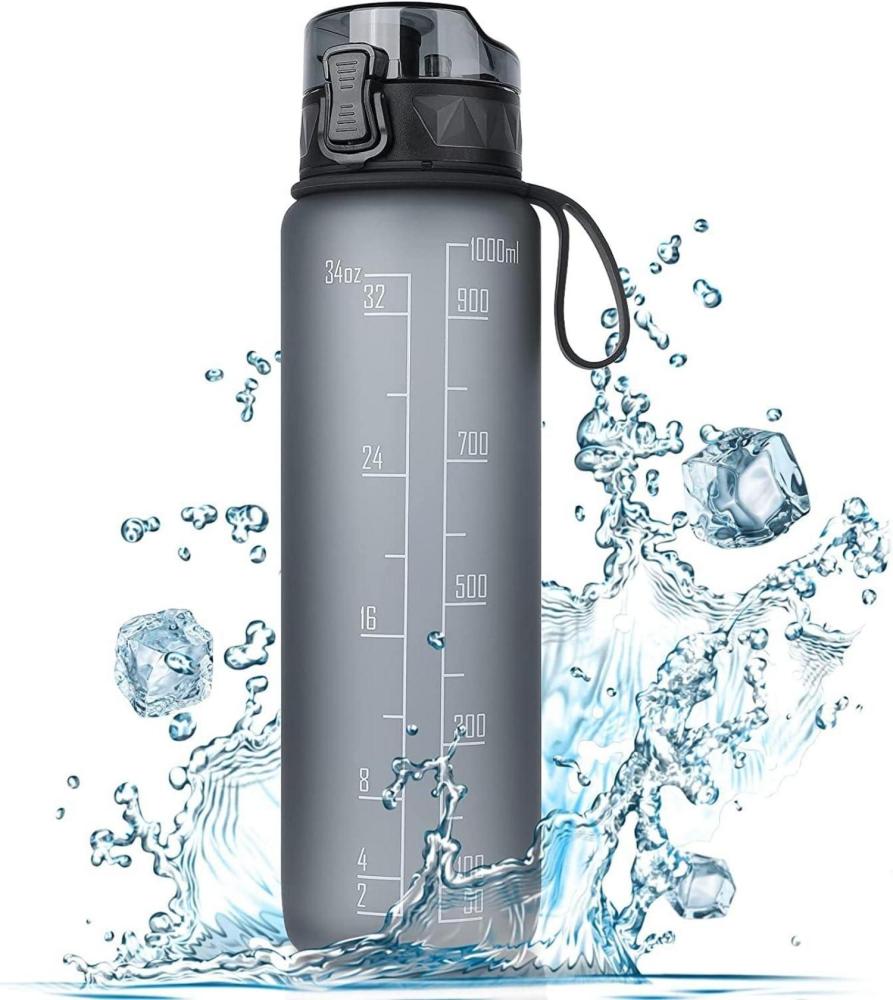 FULDENT Trinkflasche 1L Sport Wasserflasche BPA Frei rutschfest Gummi Grip Grau Bild 1