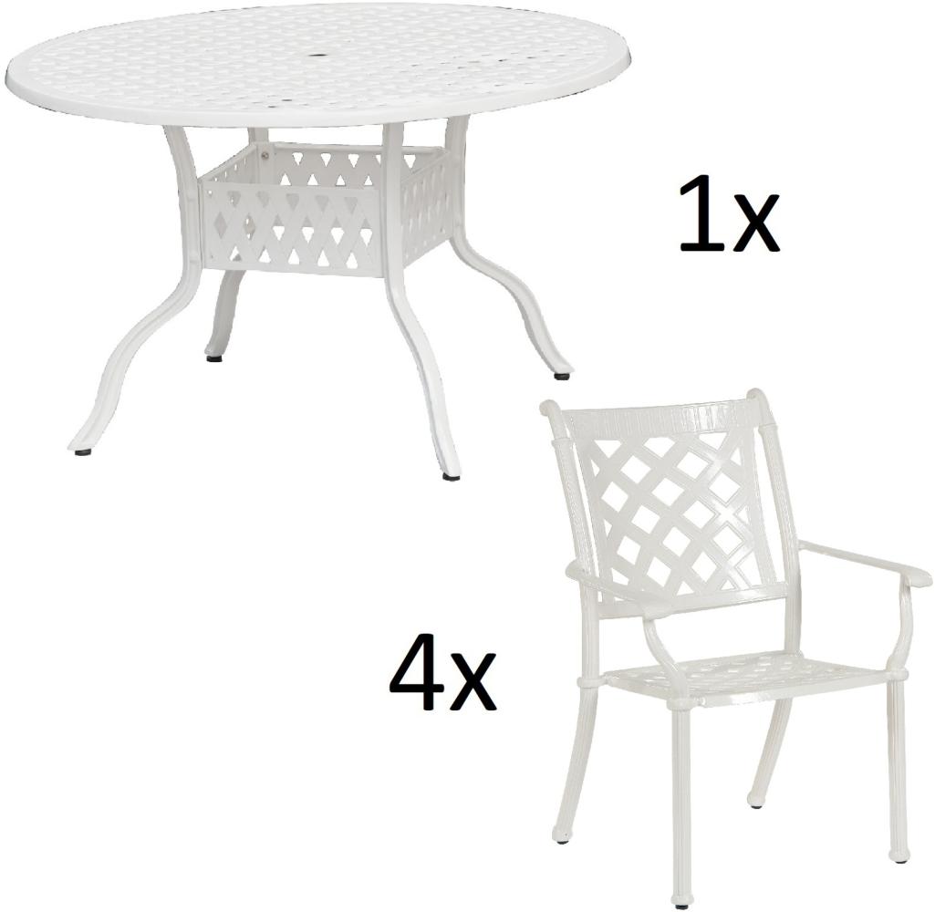 Inko 5-teilige Sitzgruppe Aluminium Guss weiß Tisch Ø 120 cm mit 4 Sesseln Tisch Ø120 cm mit 4x Sessel Duke Bild 1