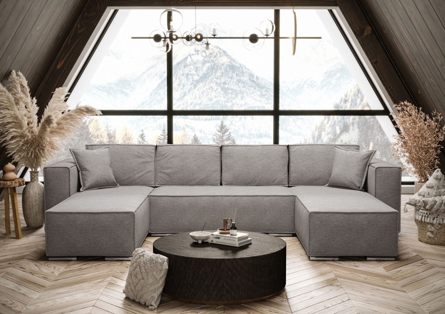 AX LIVING Grau Ecksofa U-Form mit Schlaffunktion Vinoria 327 cm Bild 1