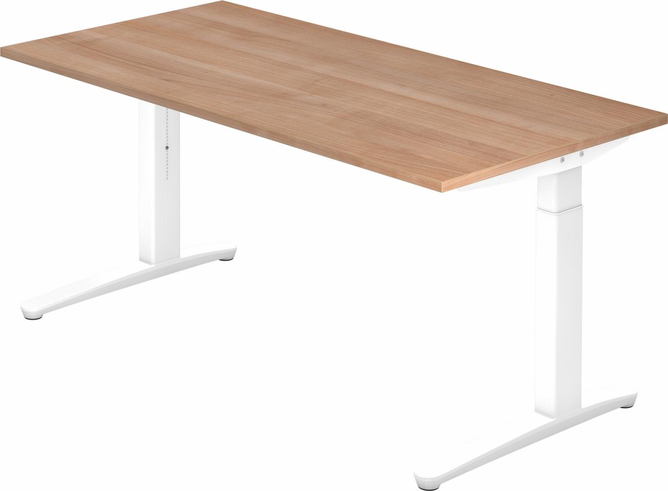 bümö manuell höhenverstellbarer Schreibtisch 160x80 in Nussbaum, Gestell in weiß - PC Tisch höhenverstellbar & groß, höhenverstellbarer Tisch Büro, großer Computertisch verstellbar, X16-N-WW Bild 1