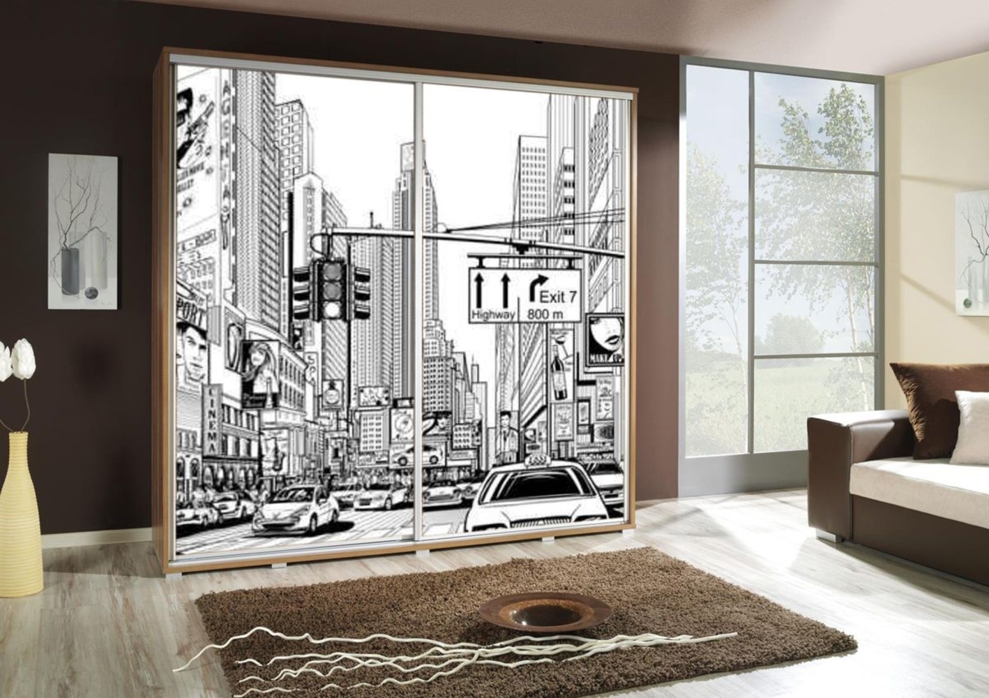 Kleiderschrank GILES Schwebetürenschrank mit Grafiken 205x215 cm Bild 1