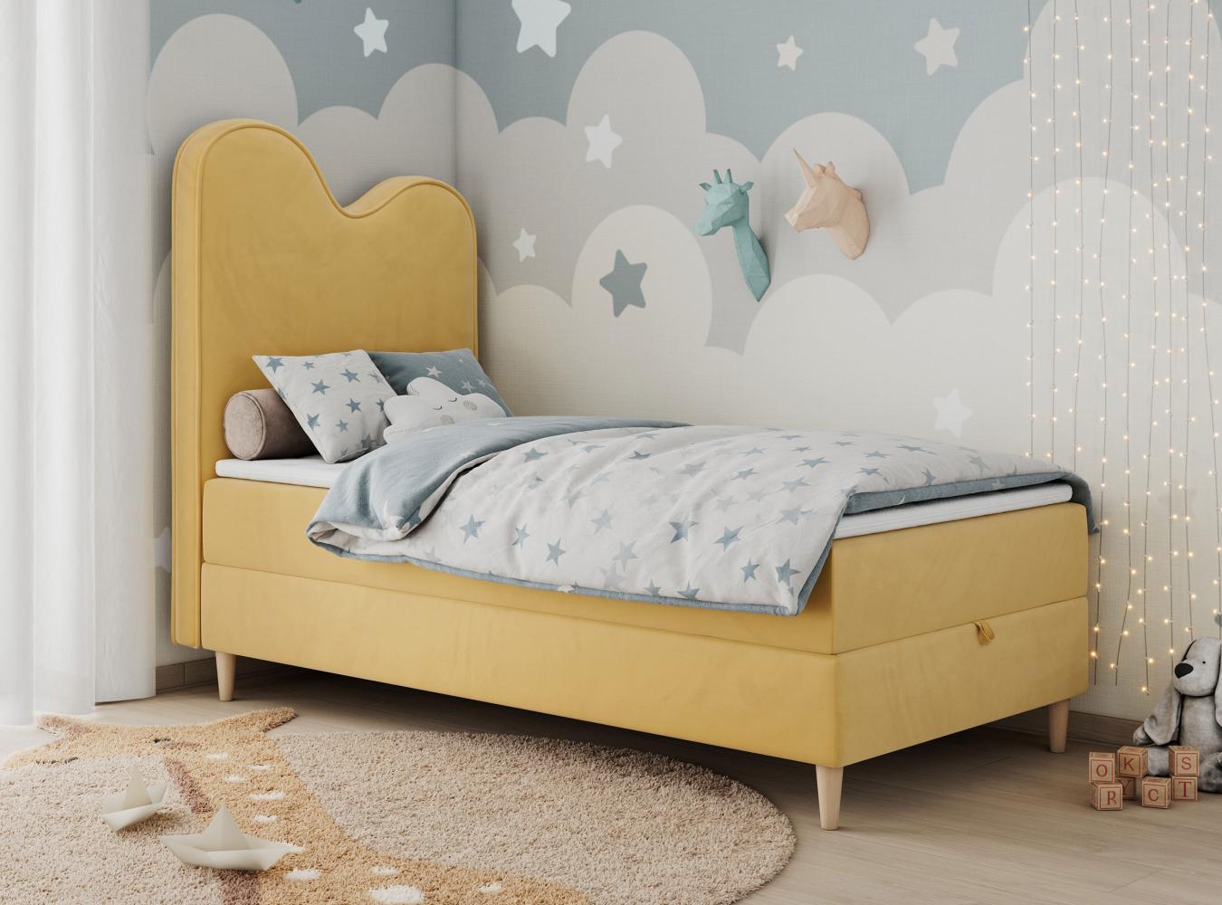 Kinderbett FLOW, Boxspringbett für Kinder, mit hohem Kopfteil, Einzelbett mit Matratze - 90x160 - Gelb Velours - Topper T25 Bild 1