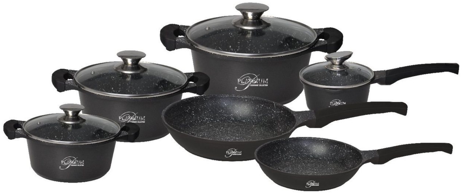 10-Teilig Kochgeschirr-Set Topf Induktion Alu Guss Pfanne Topfset Kochtopfset Marmor Schwarz Bild 1