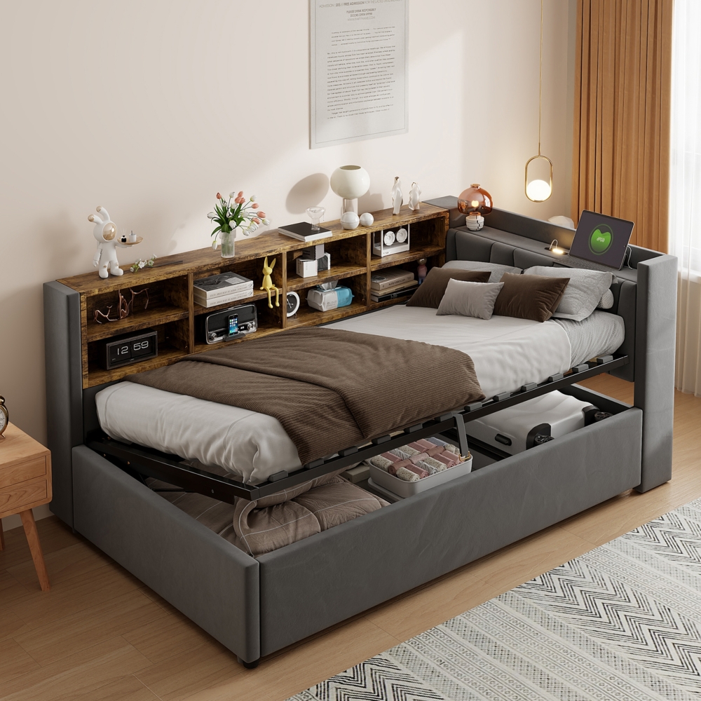 Merax Daybett 90*200 cm Polsterbett Schlafsofa, Mit Hydraulischem Stauraum, Mit Nachtlicht, USB- und Typ-C-Ladeanschluss, Multifunktionsbett, Samtstoff, Dunkelgrau Bild 1