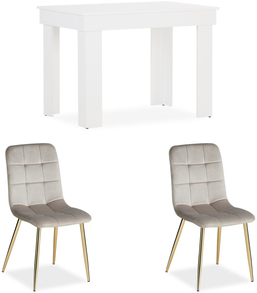 Esstisch mit 2 Stühlen Set Essgruppe Samt Polsterstühle Creme Küchentisch Modern Holz Natur 80x80 cm Esszimmertisch Massiv Bild 1
