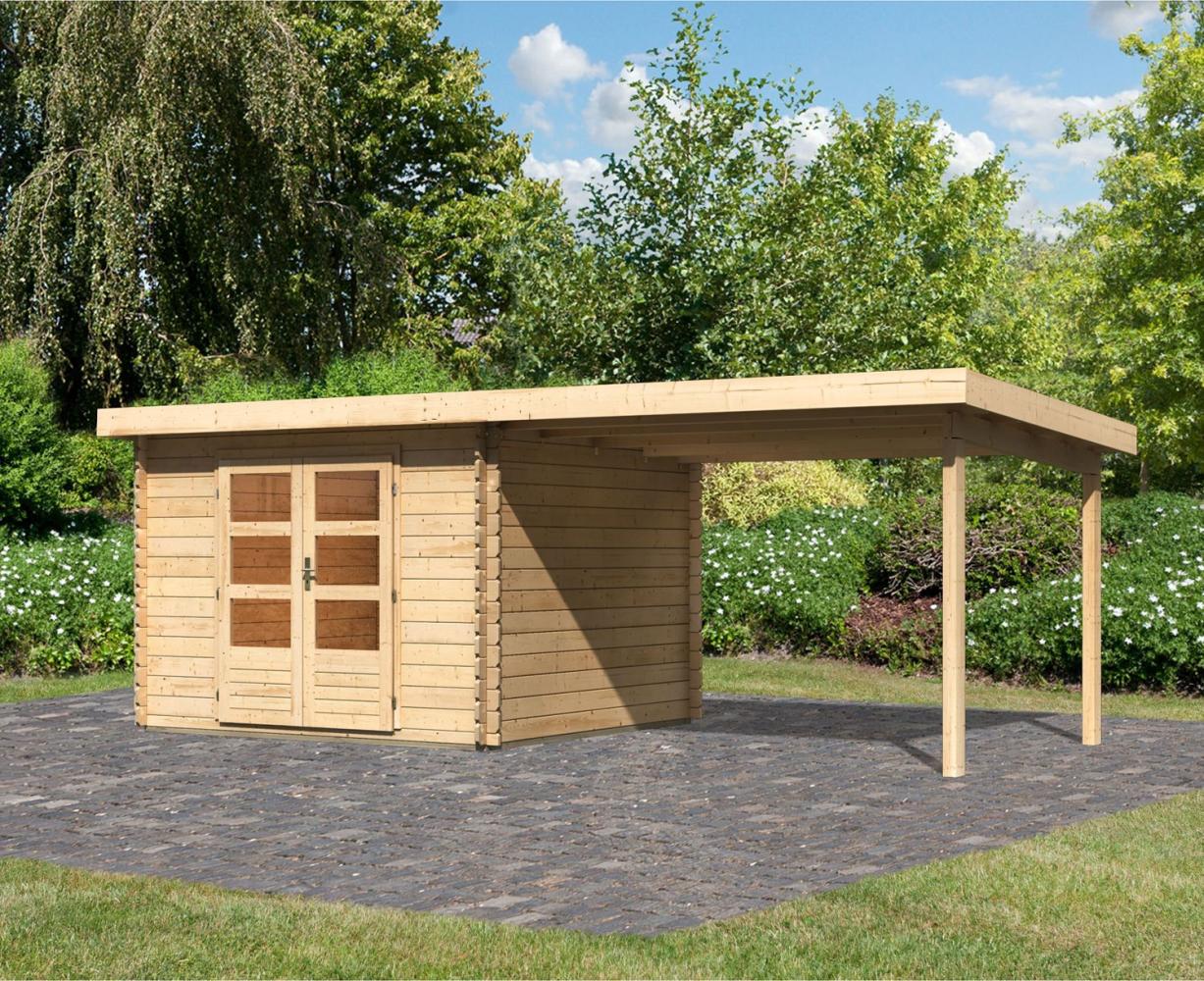 Gartenhaus Bastrup 5 - 580x297 cm mit Anbaudach 3,00 m, 28 mm Holz naturbelassen, Karibu Bild 1