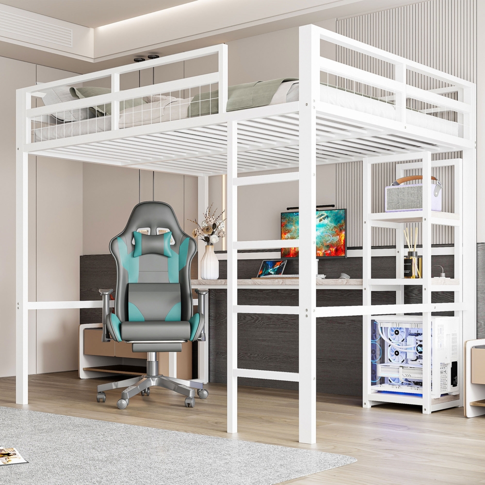 Merax Hochbett, kinderbett 140 x 200cm, mit Eisenrahmen, mehrere Einlegeböden, Schreibtisch mit Steckdose, mit usb type-c ohne Matratze, weiß Bild 1