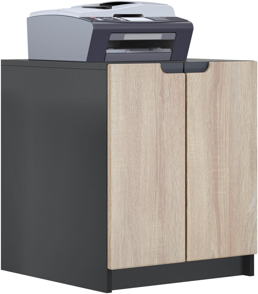 Druckerkommode Logan, Aktenschrank mit 2 Fächern und 2 Türen, Korpus in Schwarz matt, Fronten in Eiche sägerau, (51 x 60,5 x 54 cm) Bild 1