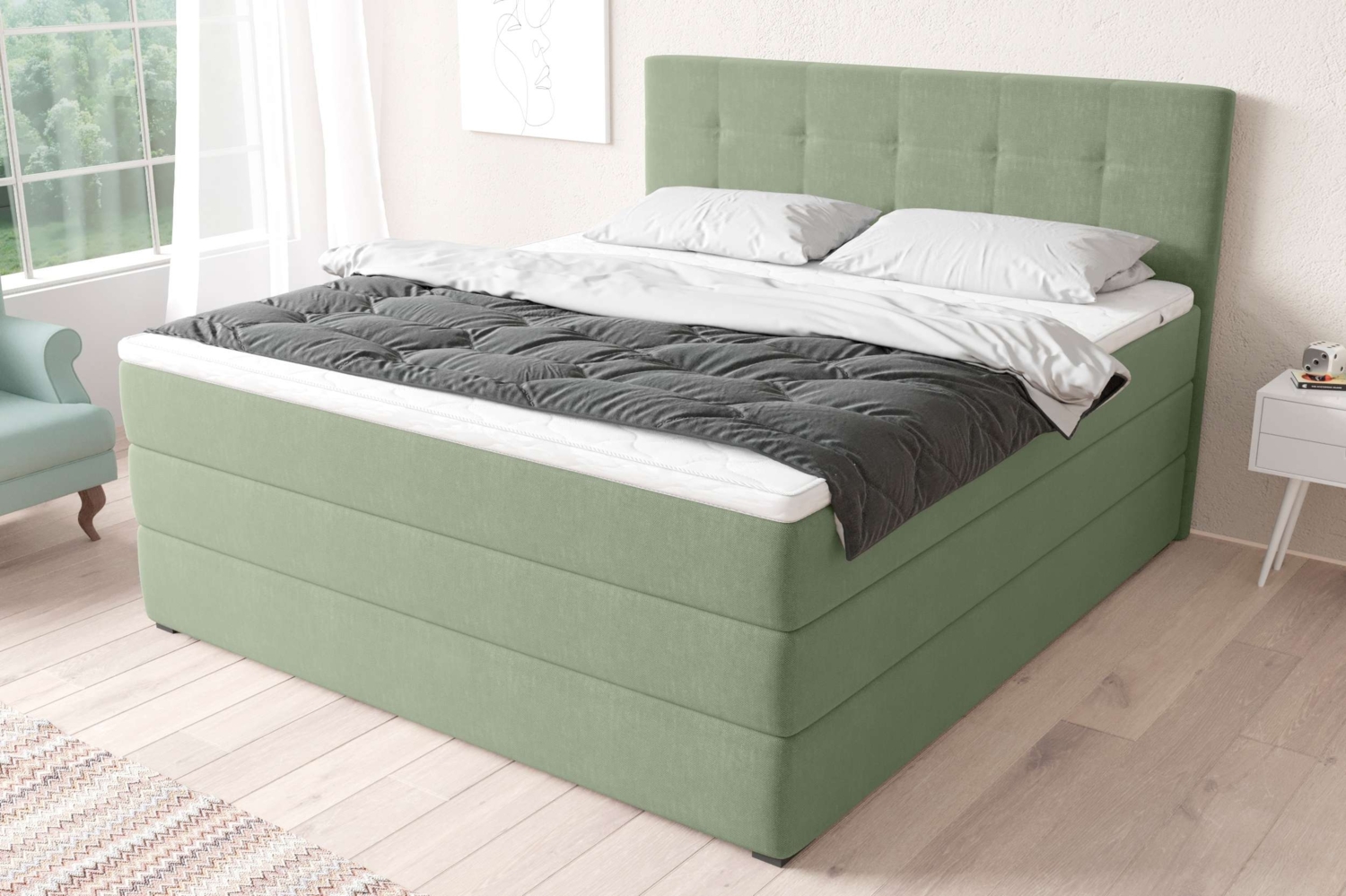 99rooms Madagaskar Boxspringbett Strukturstoff INARI Minze 180x200 cm Bonell-Federung Bild 1