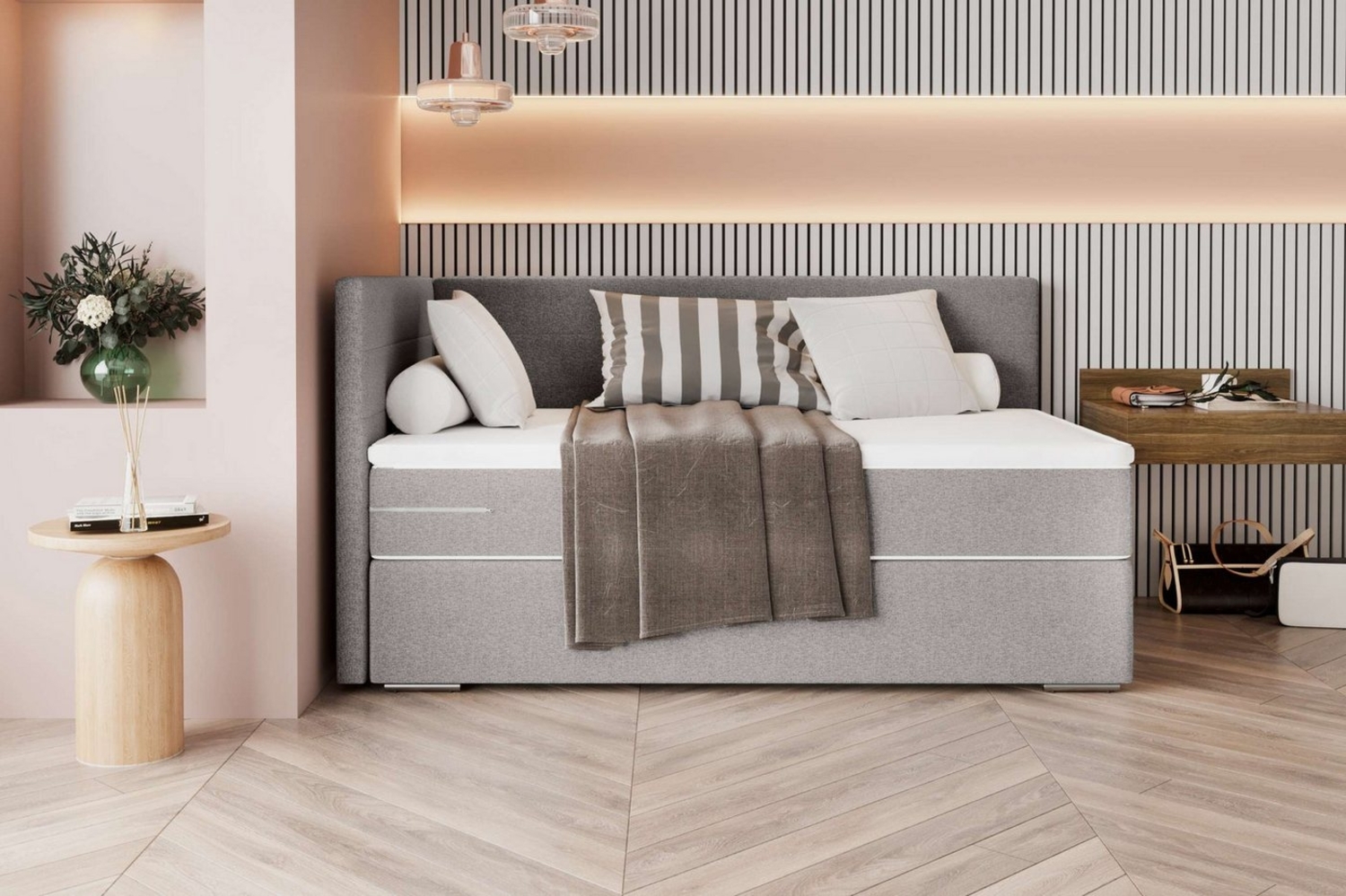 99rooms Phönix Mini Plus Boxspringbett 120x200 cm Webstoff MALMO_NEW Hellgrau Seitenteil links Bild 1