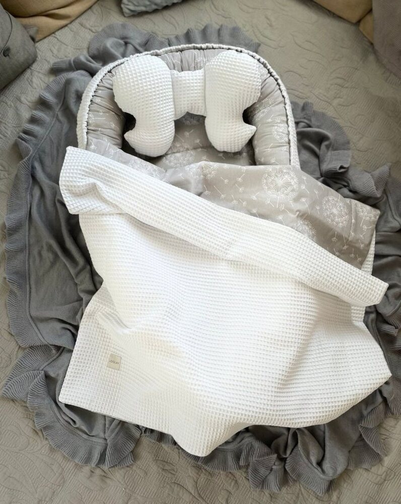 Loolay Bettnestchen WAFFELPIQUE Baumwolle BABYNEST Babykokon Neugeborene Babyausstattung, (Reisebett Nestchen SOLO/ o. in Geschenk SETS, 3-tlg, 4 Jahreszeiten WAFFELSTOFF - Design: Pustelblume Grau/ WAFFEL Weiß), 100% Europäische Stoffe und Kleinserien... Bild 1