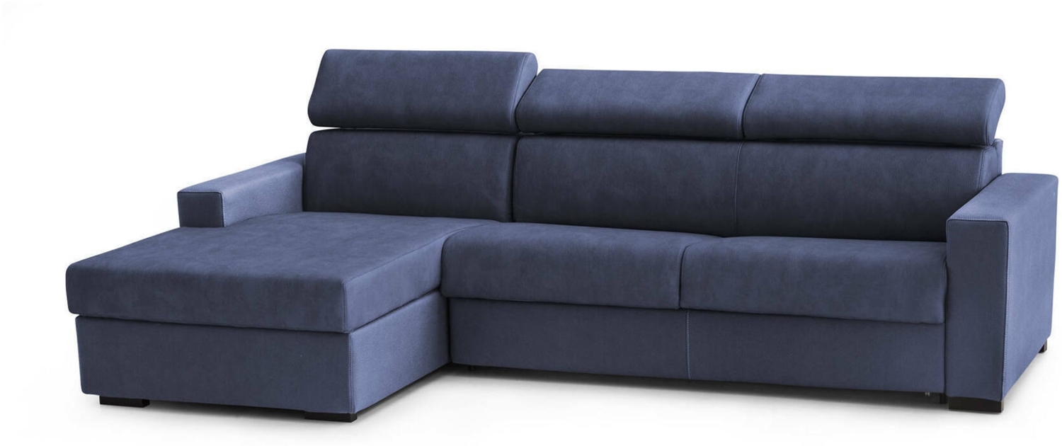 Dmora Schlafsofa mit Halbinsel Aloet, drehbares Sofa zum Öffnen, linke Aufbewahrungshalbinsel, schmale Armlehnen, 100 % Made in Italy, 260 x 95 x 85 cm, Blau Bild 1