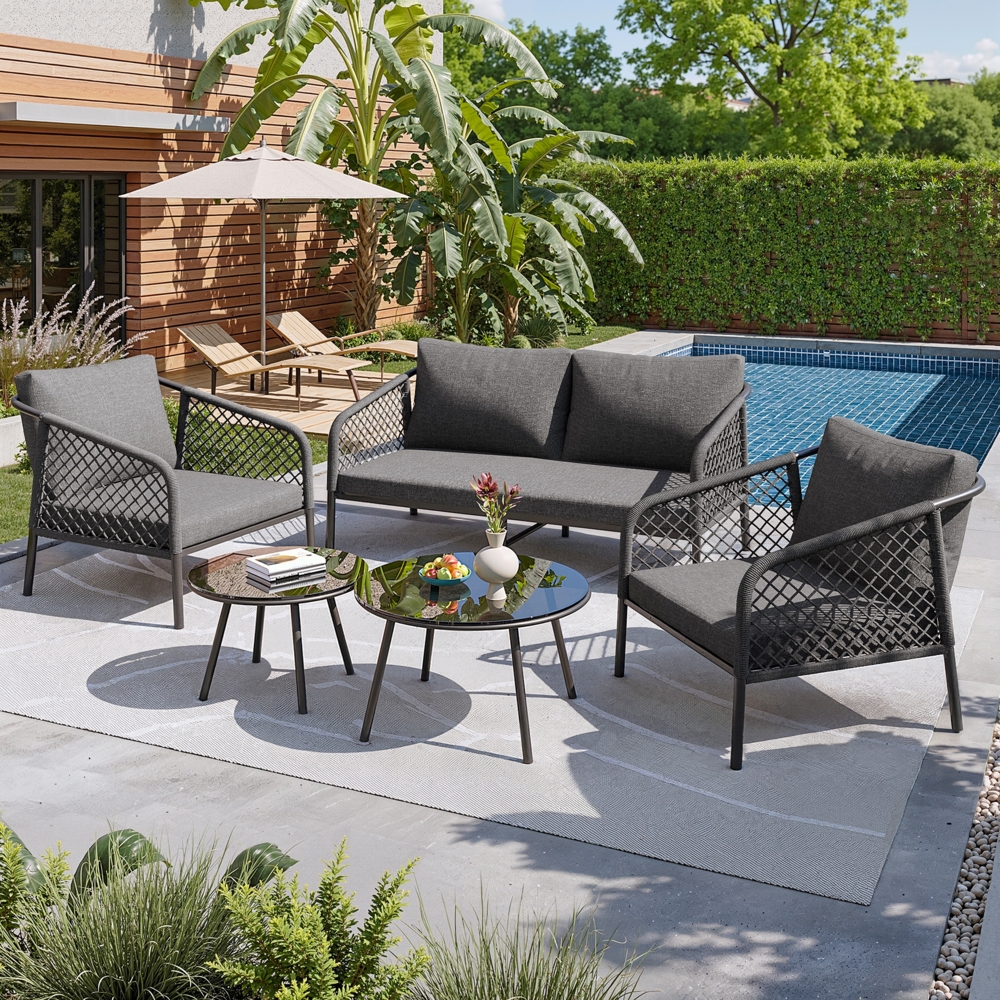 Merax Gartenloungeset Gartenmöbel-Set 4 Personen, Gartentisch mit Glasplatte, Gartenstuhl aus geflochten Seil, Balkonmöbel Terassenmöbel 5-tlg, Grau Bild 1