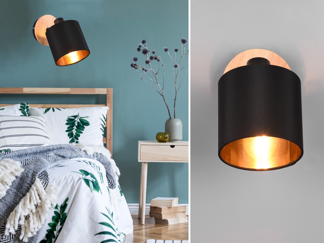 LED Wandstrahler Holz mit Stoffschirm Schwarz / Gold, Breite 12cm Bild 1