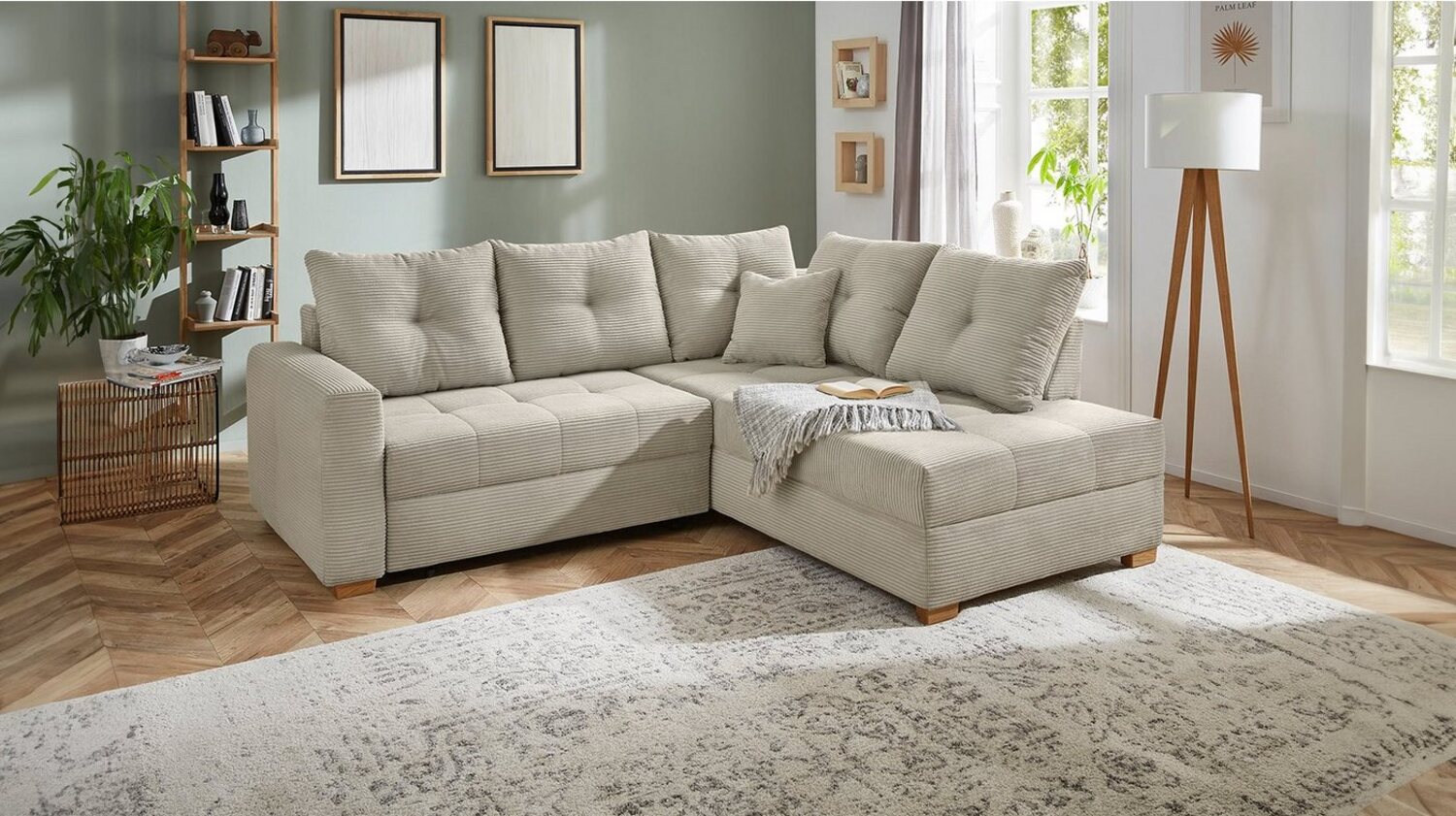 Massivart® Ecksofa HEIDELBERG Cord grau-beige / 228 cm, Cordsofa / Bettfunktion / Bettkasten / Holzfüße Bild 1