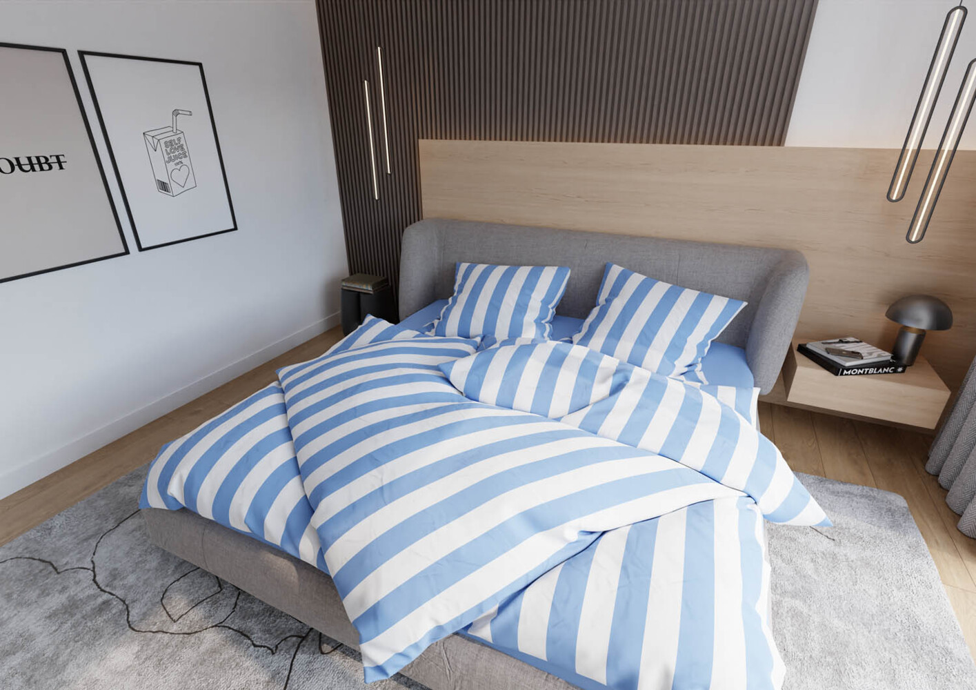 Mako Satin Bettwäsche Blocksteifen hellblau 200x220 + 2x 80x80 Bild 1