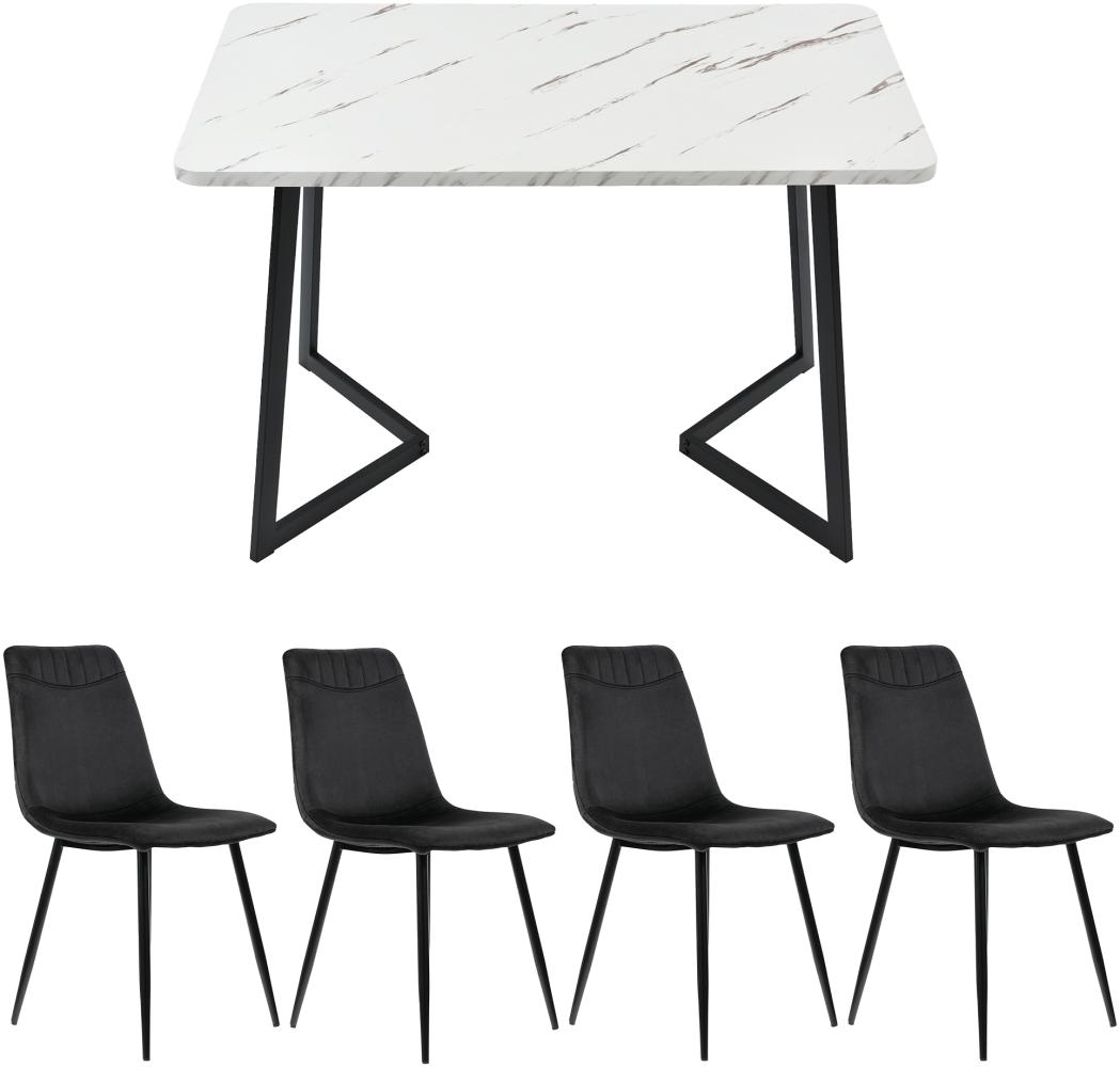 Merax Essgruppe 117×68cm Esstisch mit 4 Stühlen, (Set, 5-tlg), weißer MDF-Tischplatte mit Marmoroptik, Samt, Schwarz Bild 1