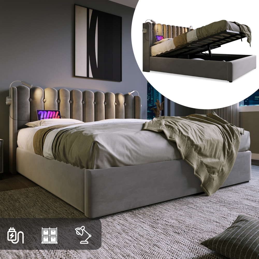 Polsterbett mit Leselampe,USB-Ladefunktion,Stauraum,grauer Samt,160x200 cm Bild 1