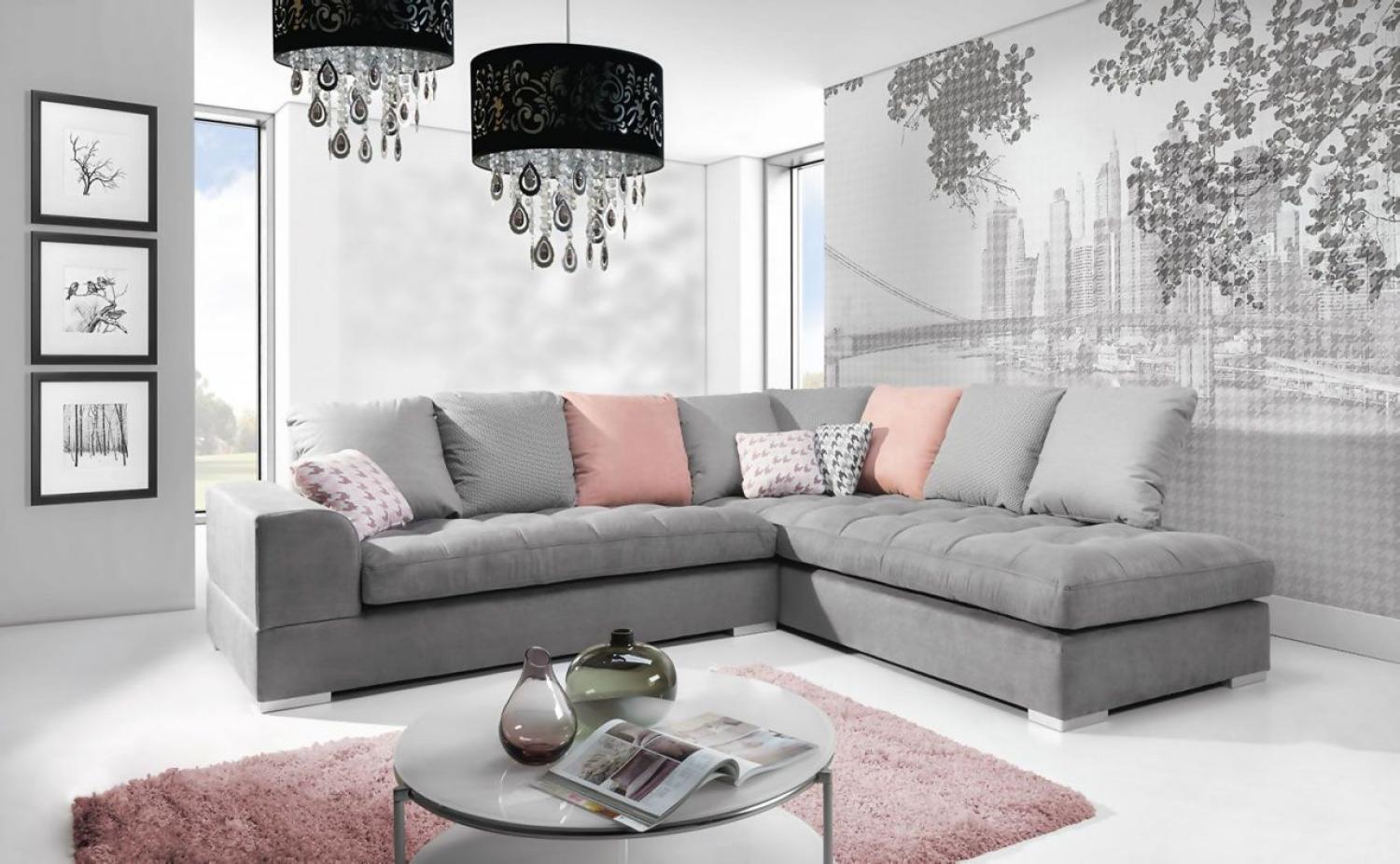 Ecksofa Sofa SANI Polyesterstoff Hellgrau Ottomane Rechts Bild 1