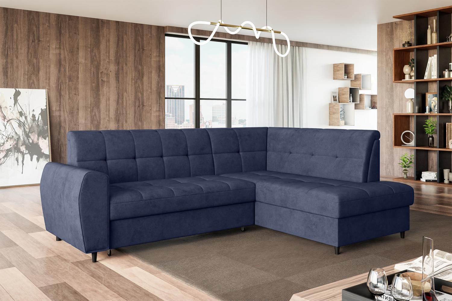 MEBLINI Schlafcouch mit Bettkasten - ASPEN - 236x171x85cm Rechts - Blau Samt - Kleines Ecksofa mit Schlaffunktion - Sofa mit Relaxfunktion - Kleine Couch L-Form - Eckcouch Bild 1