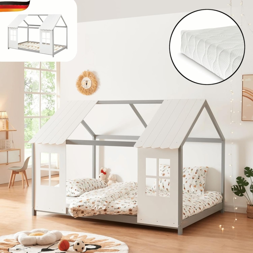 DELUKE® Kinderbett 140x200 GELO - mit Matratze Lattenrost Rausfallschutz Haus-OptikEinzelbett aus Holz Hausbett Kinderzimmer Montessori Bett Grau Bild 1