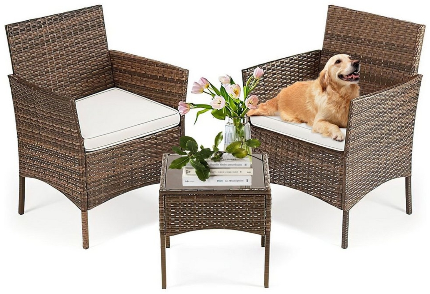 Refined Living Sitzgruppe Gartenlounge-Set Rattan Gartenmöbel 3-tlg mit Sitzkissen Couchtisch, (Wetterfest Korbmöbel für den Außenbereich Moderne Terrassenstühle, 3-tlg, Garten-Essgruppe Gartenlounge Set 2 Sessel & Tisch), Balkonmöbel für Garten, Terra... Bild 1