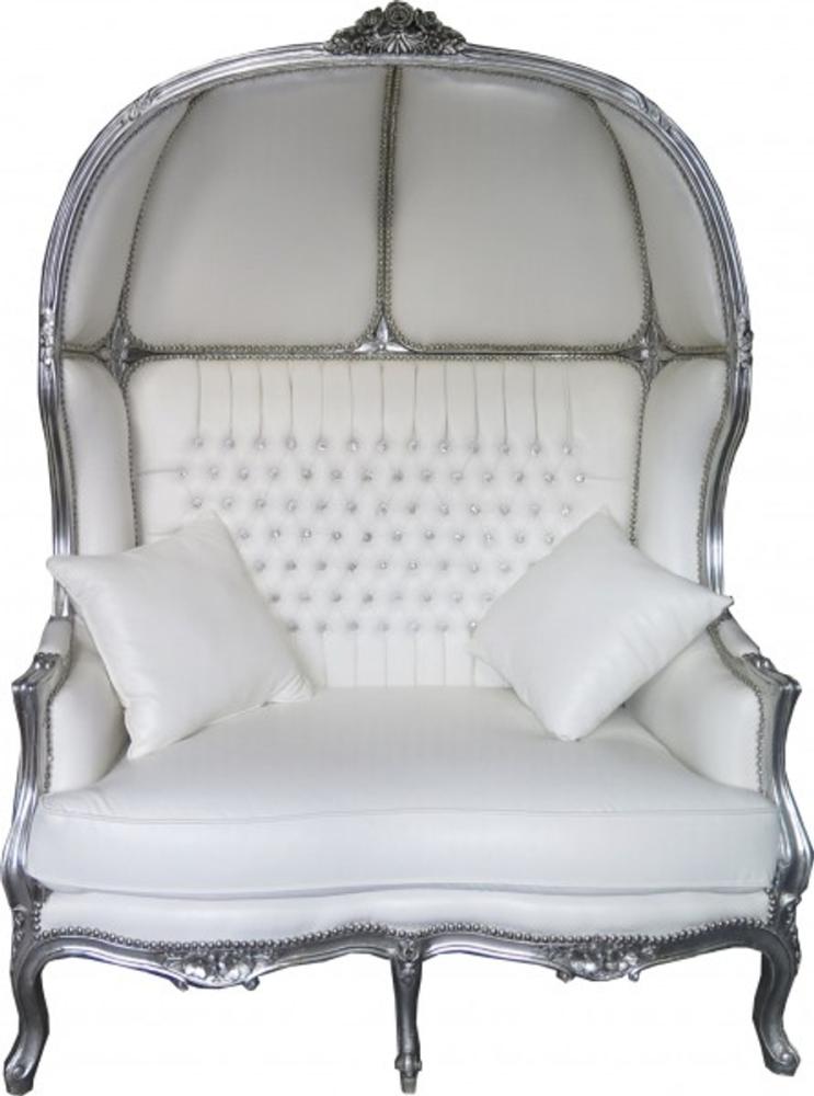 Casa Padrino Barock 2er Ballon Sofa Weiß Lederoptik / Silber - Wohnzimmer Couch Möbel Lounge Hochzeit Bild 1