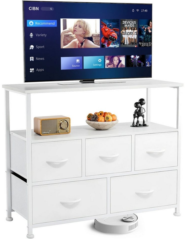 Refined Living TV-Schrank Stoffkommode mit 5 Schubladen mit Griffen stabilem Stahlrahmen (Hält 45“ TV mit offenen Regalen, Medienkonsole, Sideboards mit Holzoberfläche und Stoffschubladen TV-Board Lowboard) Kommode Geeignet für Kleidung, Kinder, Wohnrä... Bild 1