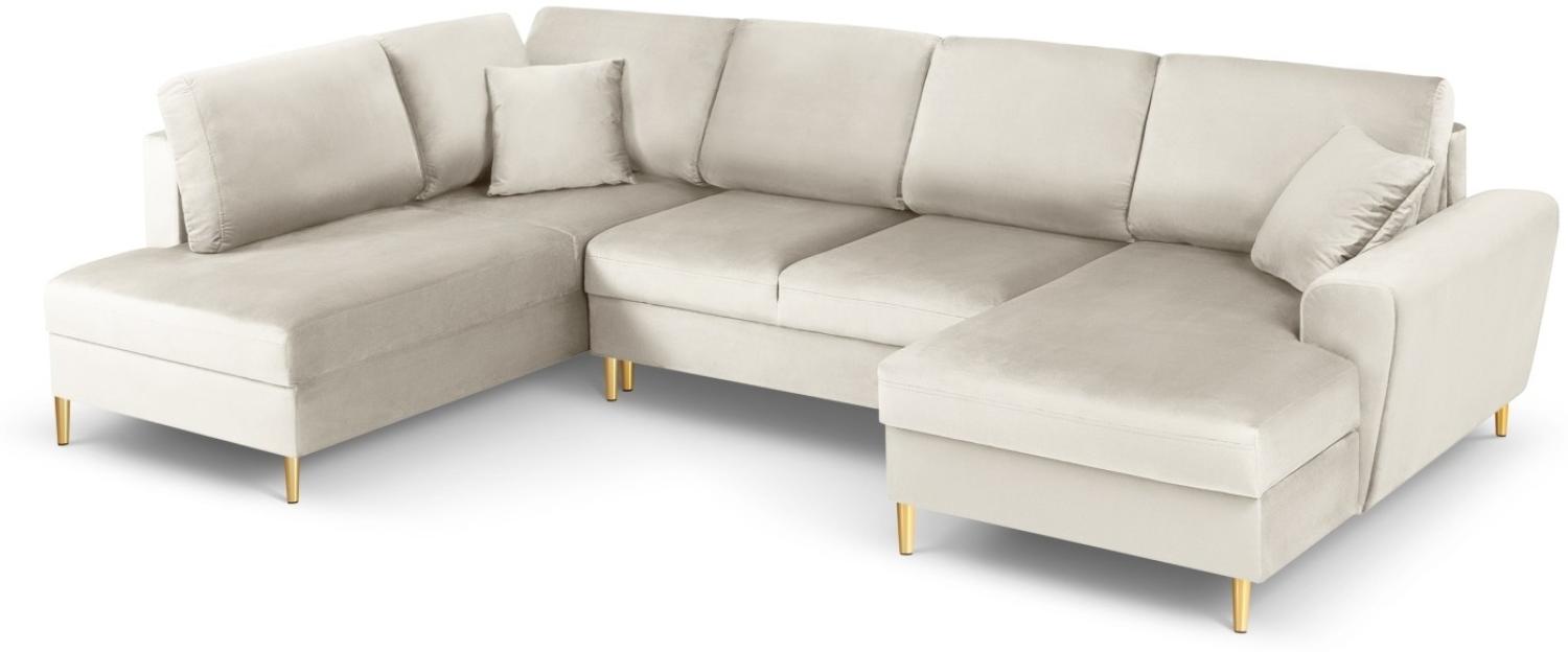 Micadoni 7-Sitzer Samtstoff Panorama Sofa Links mit Box und Schlaffunktion Moghan | Bezug Light Beige | Beinfarbe Gold M... Bild 1