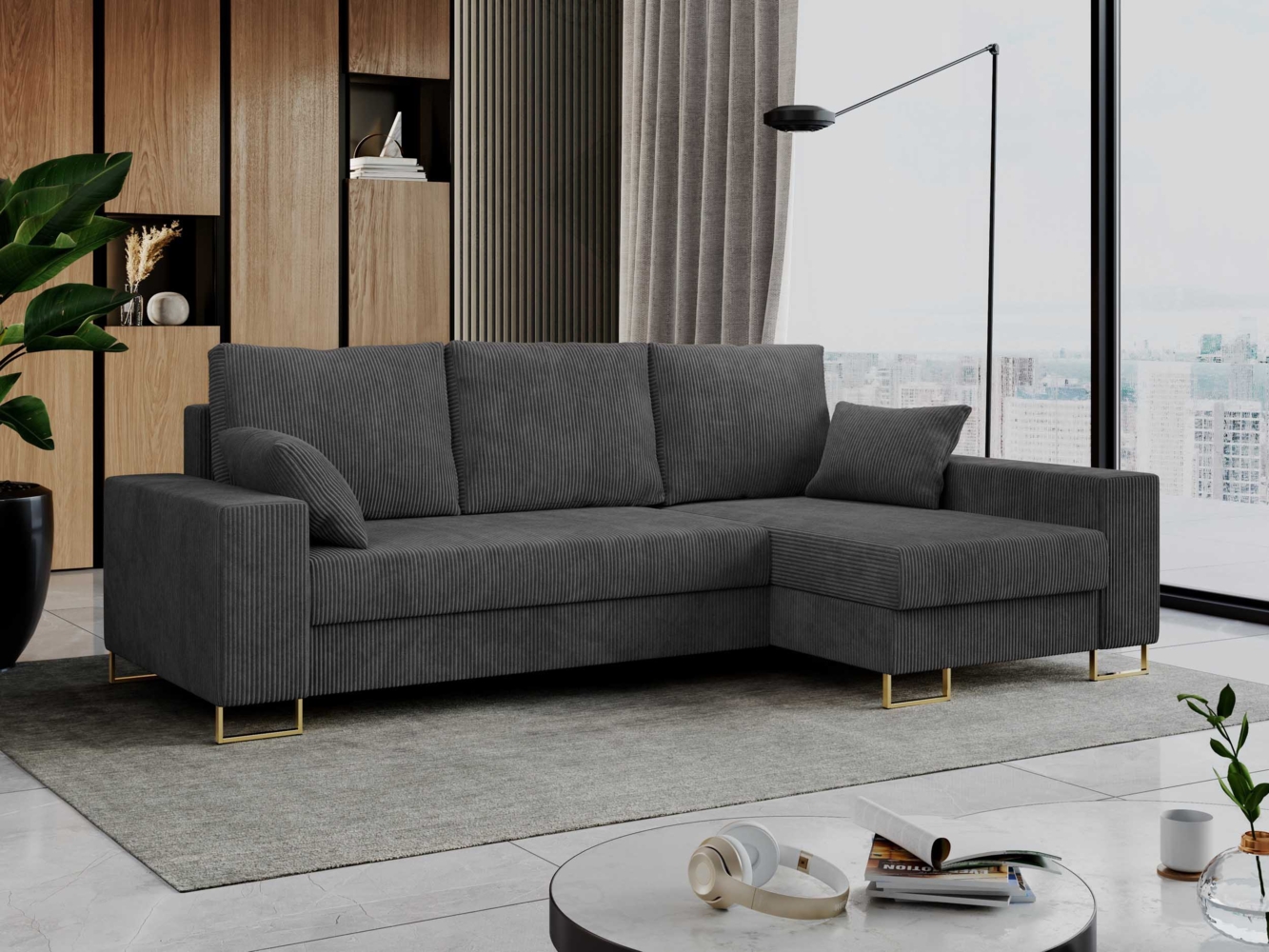 Mks Möbel 'Dorian L-Form' Ecksofa  mit Bettkasten, 242 x 138 x 95 cm, Dunkelgrau, Cord Bild 1