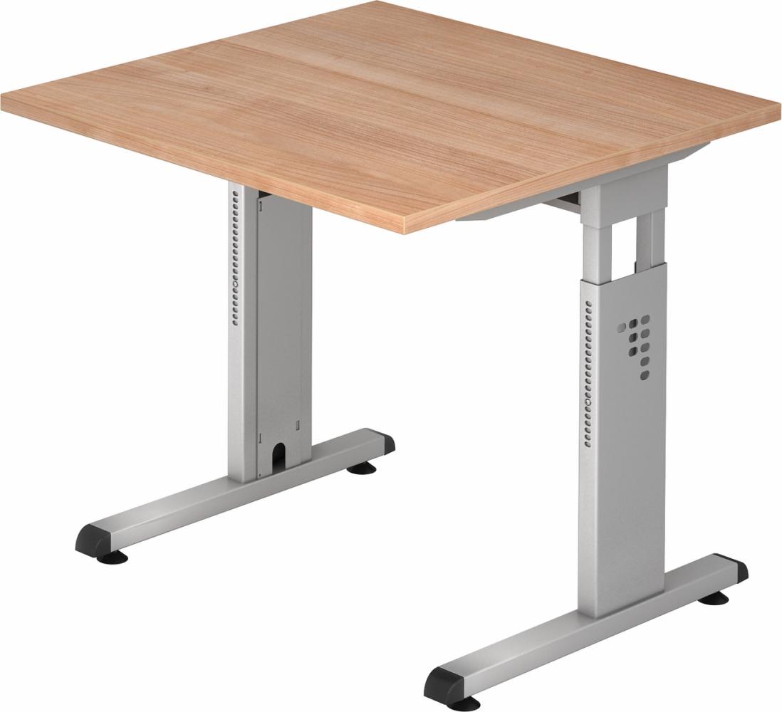 bümö höhenverstellbarer Schreibtisch O-Serie 80x80 cm in Nussbaum, Gestell in Silber - PC Tisch klein für's Büro manuell höhenverstellbar, Computertisch verstellbar, OS-08-N-S Bild 1