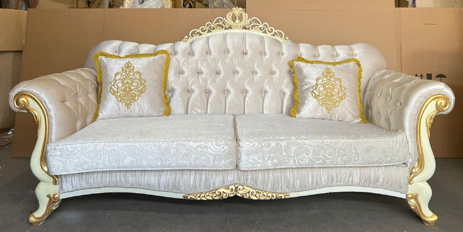 Casa Padrino Luxus Barock Sofa Silber / Creme / Gold - Barockstil Wohnzimmer Sofa mit Glitzersteinen - Luxus Wohnzimmer Möbel im Barockstil - Barock Möbel - Barock Einrichtung Bild 1