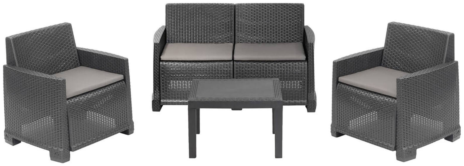 Dmora Outdoor-Lounge-Set Atrito, Gartenkomposition mit 2 Sesseln, 1 Sofa und 1 Couchtisch, Rattan-Effekt mit Kissen, 100 % Made in Italy, Anthrazit Bild 1