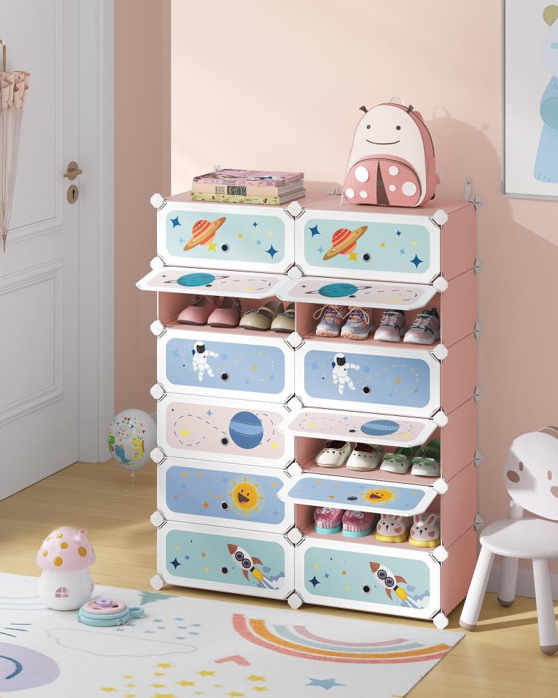 Songmics Schuhregal Kinder, Schuhschrank mit Türen, 12 Fächer, Schuh-Organizer stapelbar, Kunststoffregal für Spielzeug, Bücher, Kleidung, 31 x 81 x 106 cm, pastellrosa LPC907R01 Bild 1