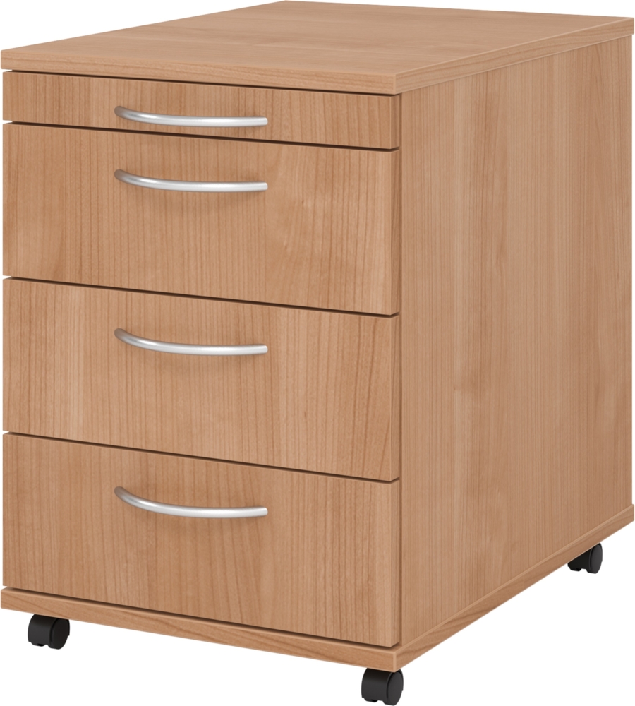 bümö basic Rollcontainer mit Schubladen, Container aus Holz in Nussbaum - Rollwagen für's Büro als Schreibtisch Unterschrank, Bürocontainer od. Schreibtischcontainer mit Bogengriffe, 1606-N-N-BO Bild 1