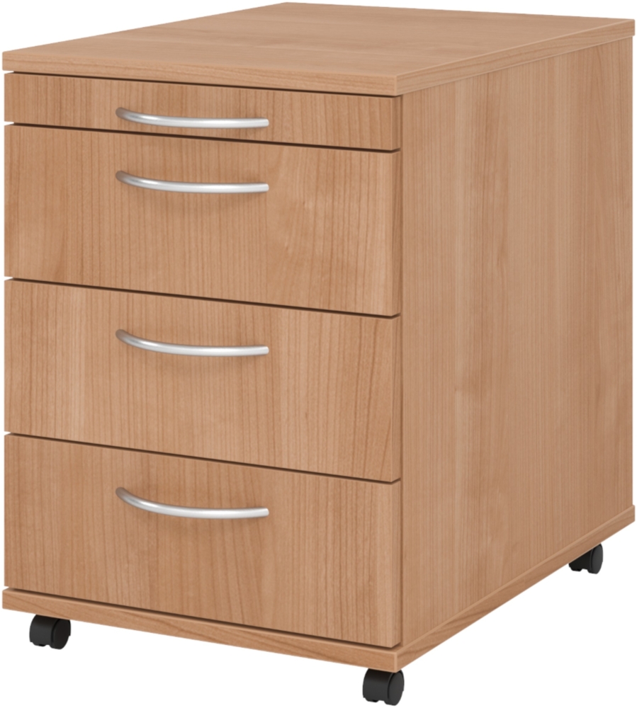 bümö basic Rollcontainer mit Schubladen, Container aus Holz in Nussbaum - Rollwagen für's Büro als Schreibtisch Unterschrank, Bürocontainer od. Schreibtischcontainer mit Bogengriffe, 1606-N-N-BO Bild 1