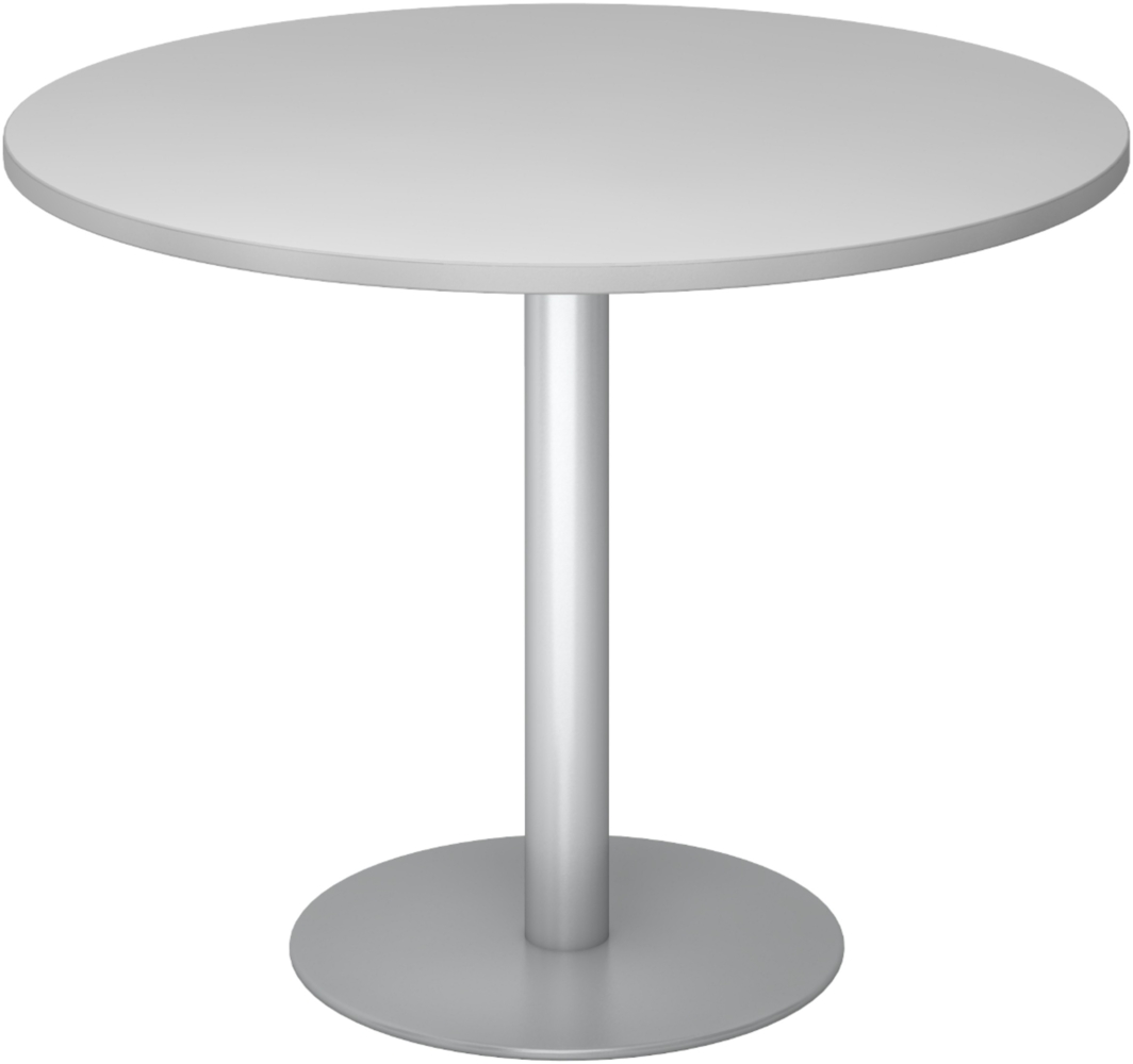 bümö Besprechungstisch, Esstisch klein, Tisch rund 100 cm - kleiner Esstisch grau, Rundtisch Esstisch 2 Personen mit Holz-Platte, Säule aus Metall in silber, Konferenztisch, Bistrotisch, STF10-5-S Bild 1