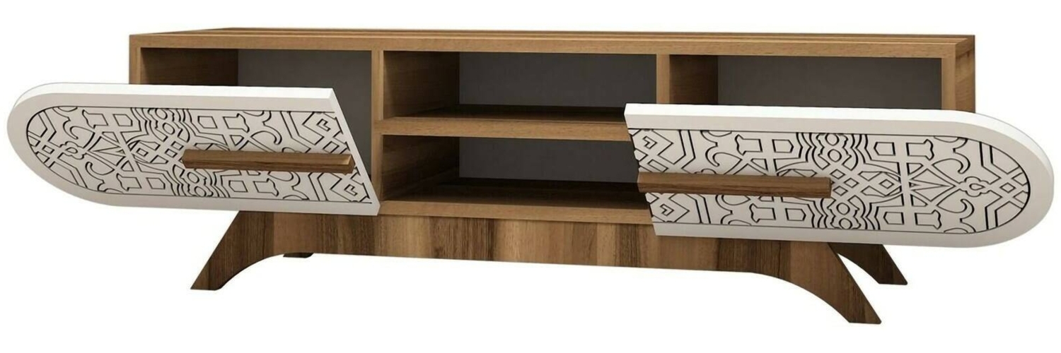 Dmora Fernsehschrank Matsu, Ständer für Wohnzimmerfernseher, Niedriges Wohnzimmer-Sideboard, TV-Ständerbasis, 145x37h37 cm, Walnuss und Weiß Bild 1