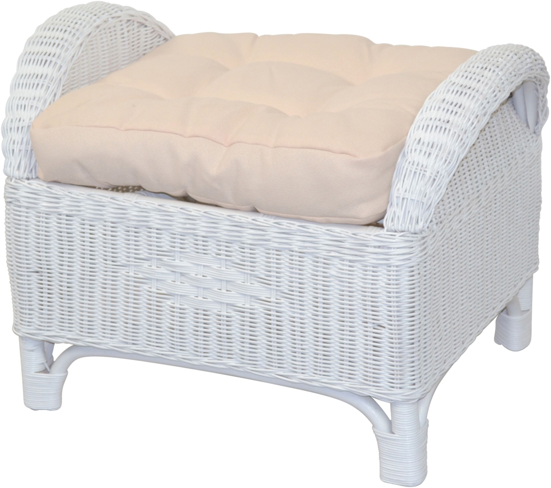 Rattanhocker, Fußhocker, handgeflochten, mit Kissenauflage, weiß Bild 1