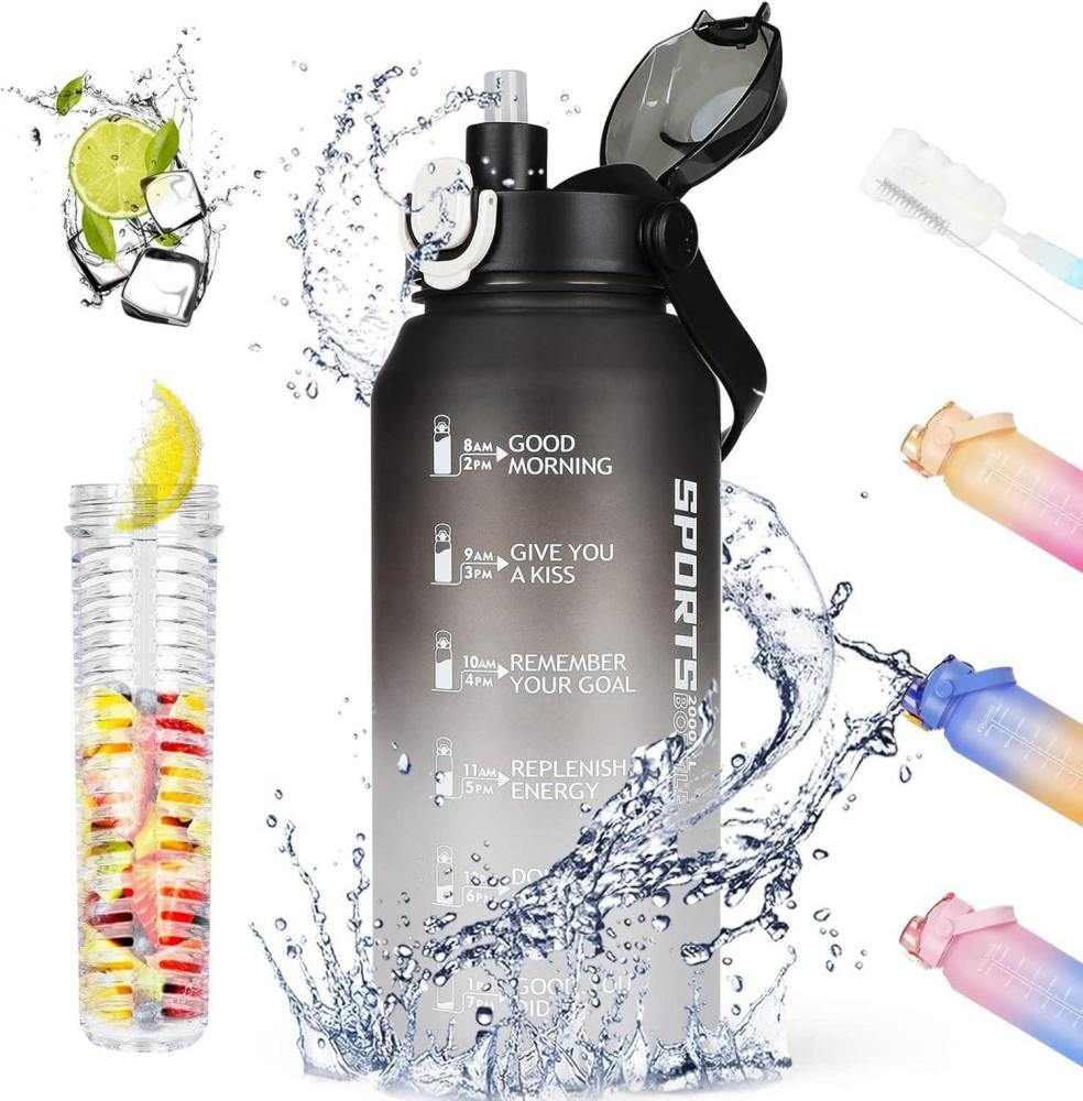 Trinkflasche Sport 2l BPA-Frei mit Strohhalm und Zeitmarkierung Schwarz Grau Bild 1