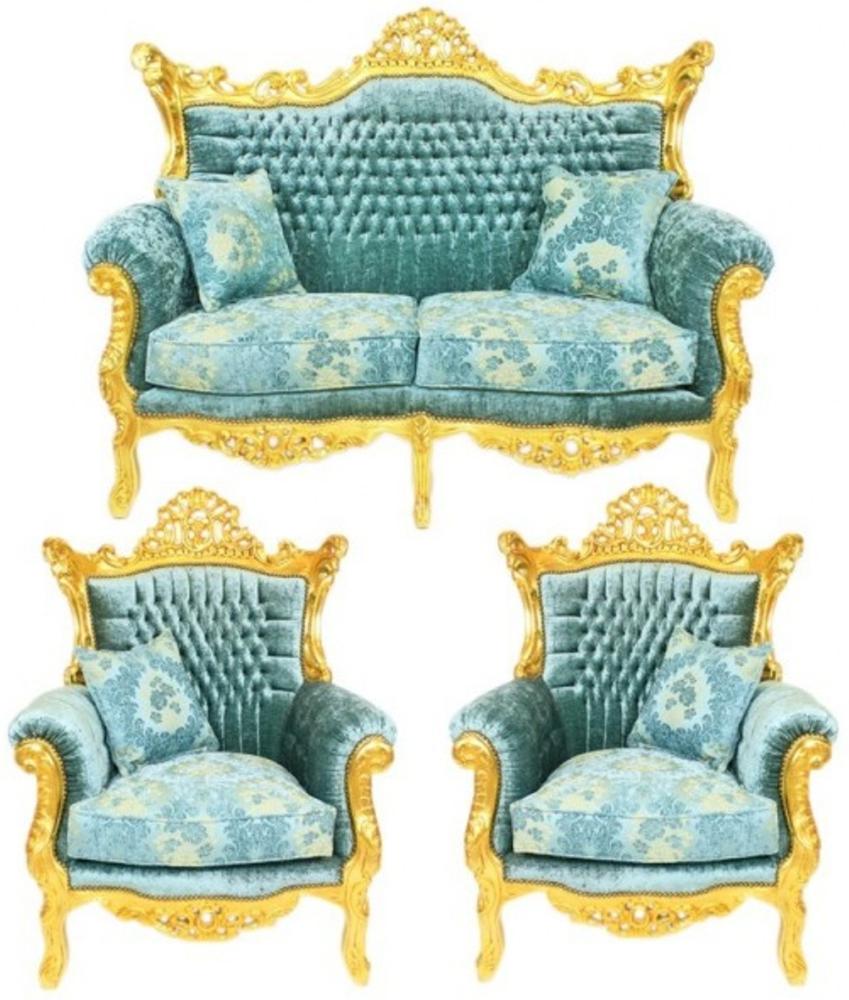 Casa Padrino Barock Wohnzimmer Set Master Türkis-Blau Muster Samtstoff / Gold - 2er Sofa + 2 Sessel - Limited Edition! Bild 1