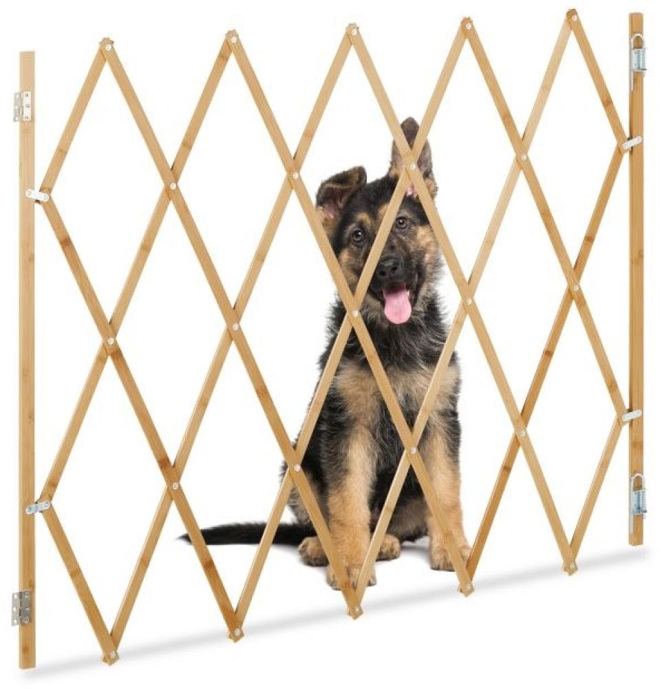 Relaxdays Hundeabsperrgitter, ausziehbar bis 130 cm, 87,5-100 cm hoch, Bambus, Hunde Schutzgitter, Treppe & Tür, Natur Bild 1