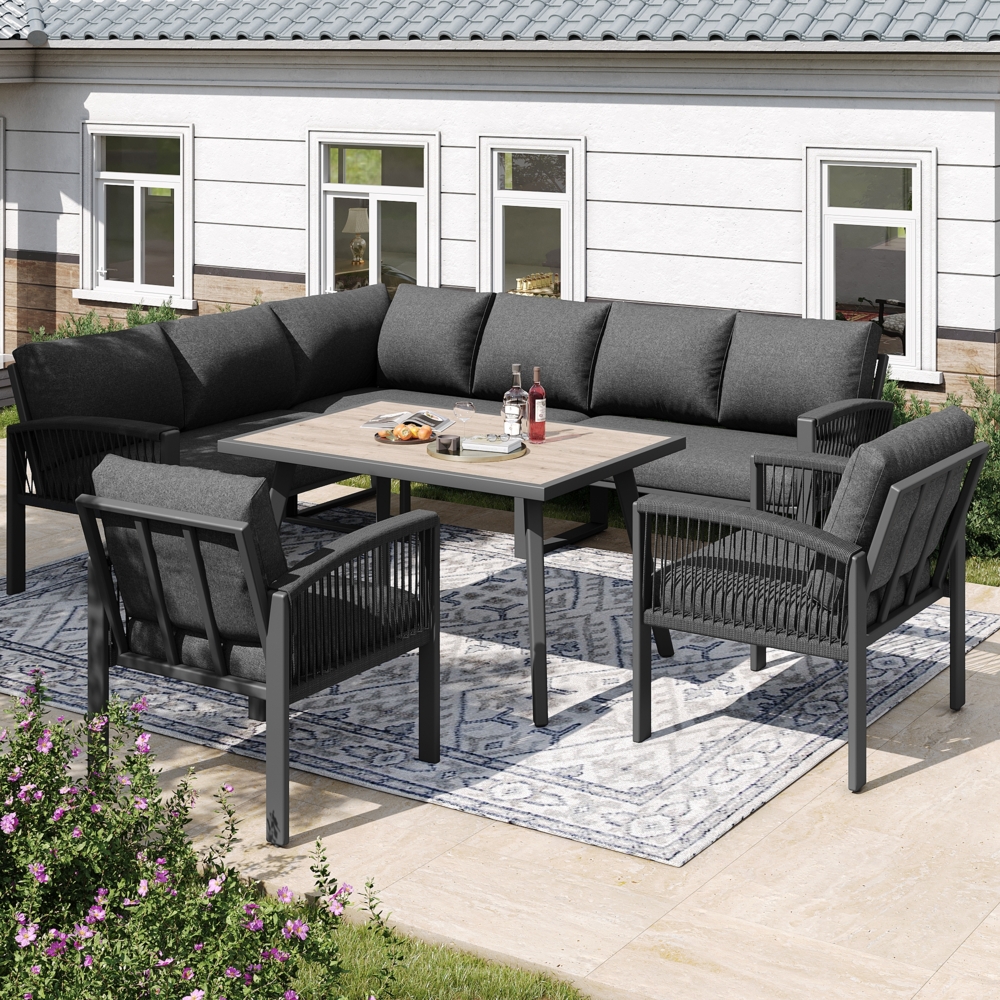 Merax Garten-Lounge-Set, Möbelset für 8 Personen, Seilwerk, großer Tisch mit Holzmaserung, mit verzinktem Eisengestell, verstellbare Beine, alle Sitz- und Rückenkissen inklusive, grau Bild 1