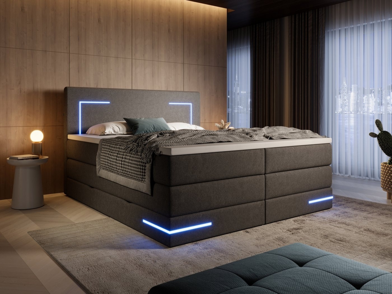wonello Boxspringbett Detroit, Stoff Bett mit LED Beleuchtung, Bettkasten und Topper Bild 1