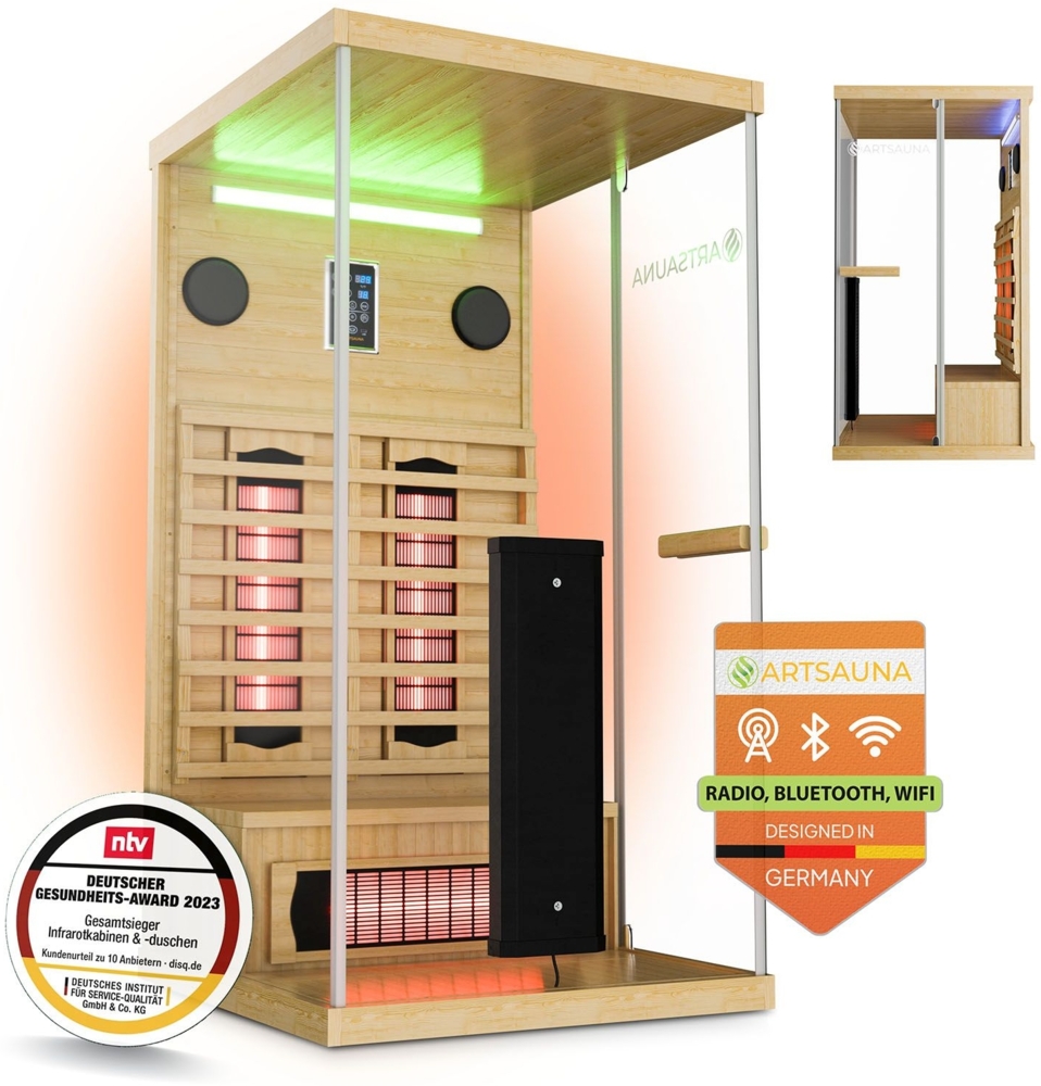 Artsauna Infrarotkabine Göteborg 90 – Natur, Wärmekabine mit Vollspektrumstrahlern, Hemlockholz & Sicherheitsglas, LED-Beleuchtung Bild 1